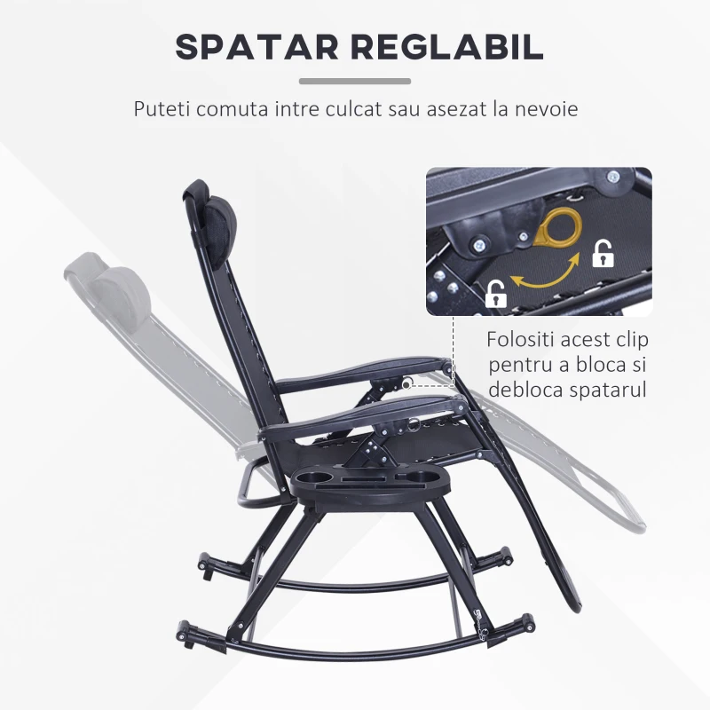 Outsunny Scaun Sezlong tip Leagan Rabatabil cu Taburet si Loc pentru Pahar , Negru, 120x67x102cm