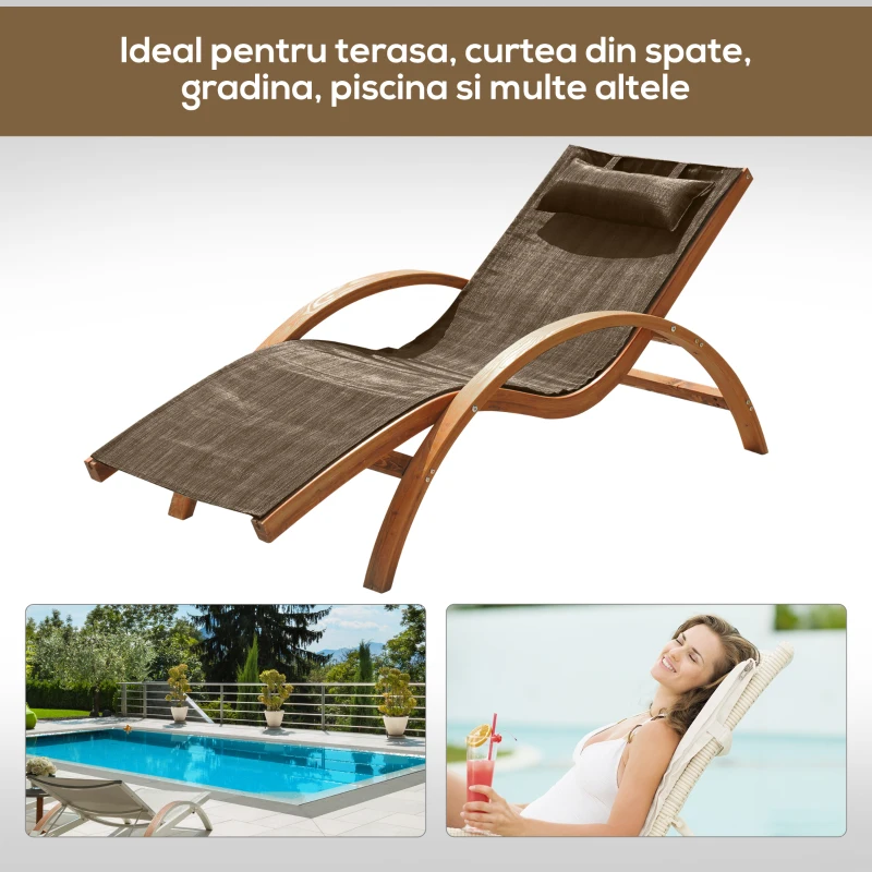 Outsunny Șezlong de Grădină Ergonomic cu Tetieră Căptușită din Lemn și Țesătură, 161x72x68 cm, Maro