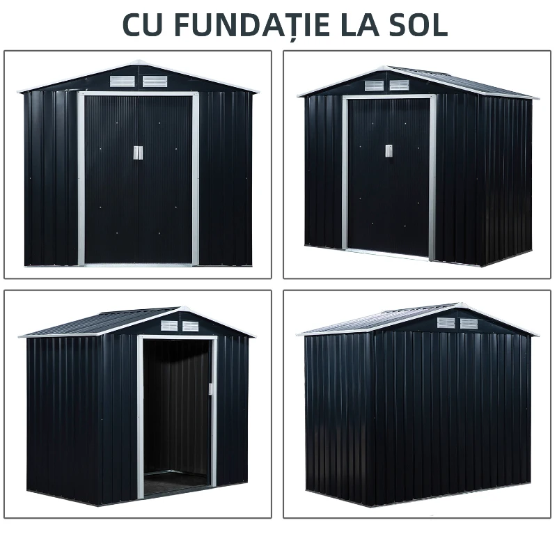 Outsunny Casuta de Gradina Depozitare Unelte din Tabla de Otel, Magazie de Gradina din Otel cu Usi glisante, 213x130x185cm, Gri(m-7)