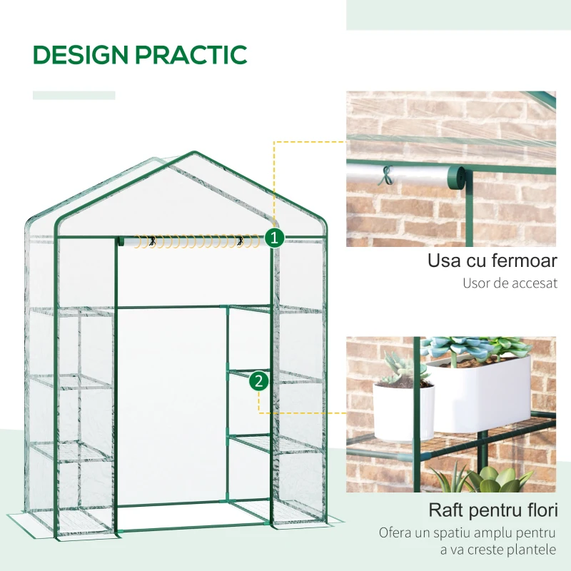 Outsunny Sera de Gradina din Otel si PVC Transparent cu Usa Rulou, 143x73x195cm