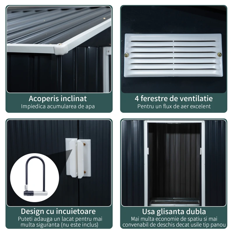 Outsunny Casuta de Gradina Depozitare Unelte din Tabla de Otel, Magazie de Gradina din Otel cu Usi glisante, 213x130x185cm, Gri(m-5)