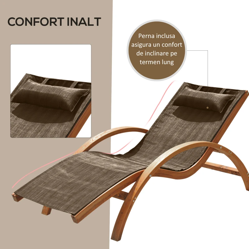 Outsunny Șezlong de Grădină Ergonomic cu Tetieră Căptușită din Lemn și Țesătură, 161x72x68 cm, Maro