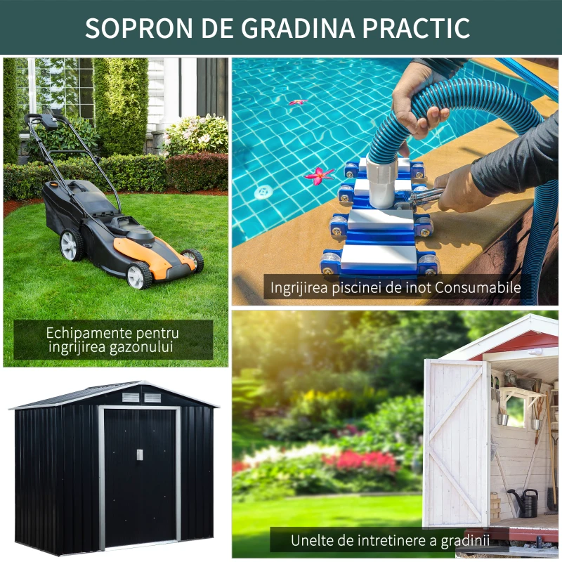 Outsunny Casuta de Gradina Depozitare Unelte din Tabla de Otel, Magazie de Gradina din Otel cu Usi glisante, 213x130x185cm, Gri(m-6)