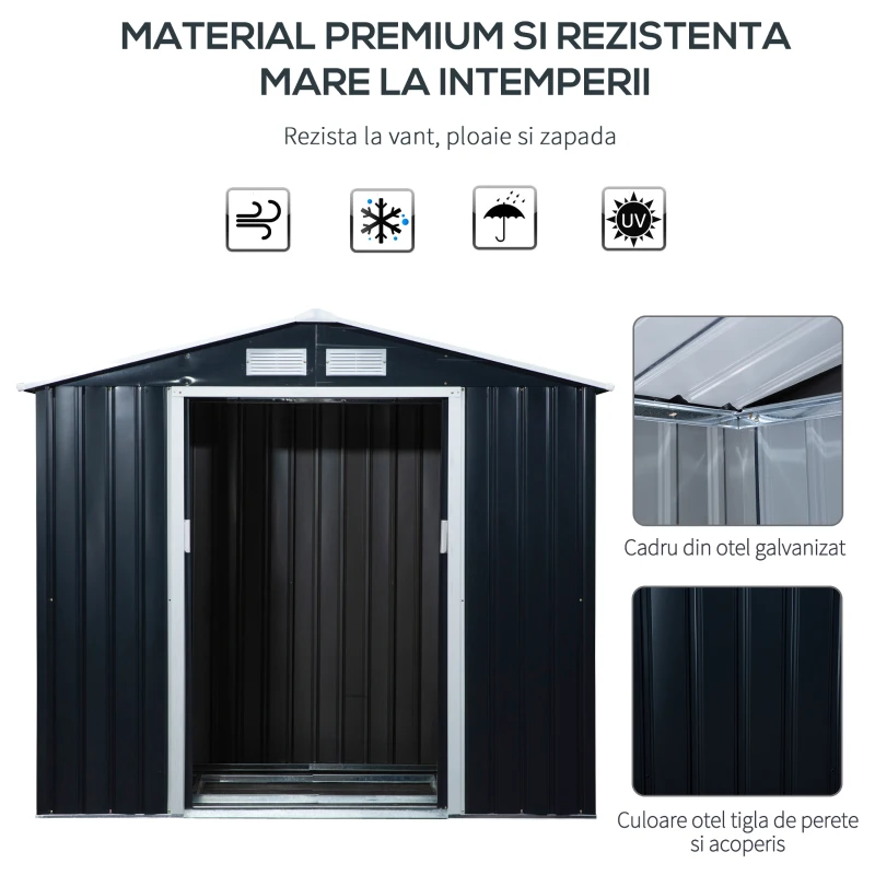 Outsunny Casuta de Gradina Depozitare Unelte din Tabla de Otel, Magazie de Gradina din Otel cu Usi glisante, 213x130x185cm, Gri(m-4)