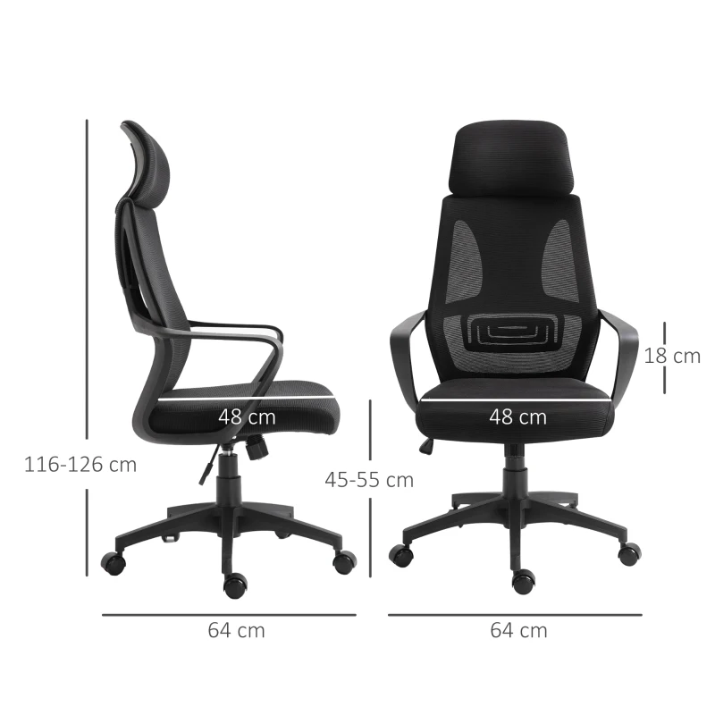 Vinsetto Cadeira de escritório ergonômica Cadeira de mesa inclinável ajustável em altura com encosto de braço Encosto de cabeça 5 rodas Suporta até 120 kg 64x58x116-126 cm Preto