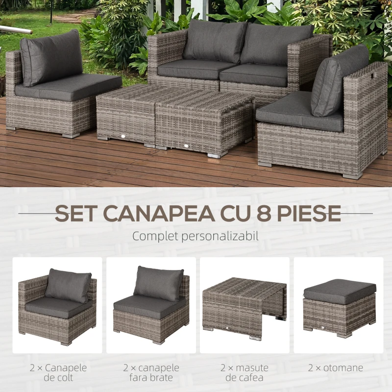 Outsunny Set Mobilier Gradina 8 Piese, Canapea cu Masuta de Cafea din Ratan PE si Structura de Aluminiu, 75x75x71 cm, Gri