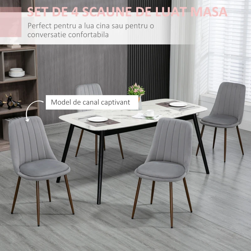 HOMCOM Set de 4 Scaune de Masa, Scaun de Bucatarie Modern cu Tapiterie din Catifea, Spatar Curbat si Picior din Otel pentru Camera de Zi, Dormitor, Gri