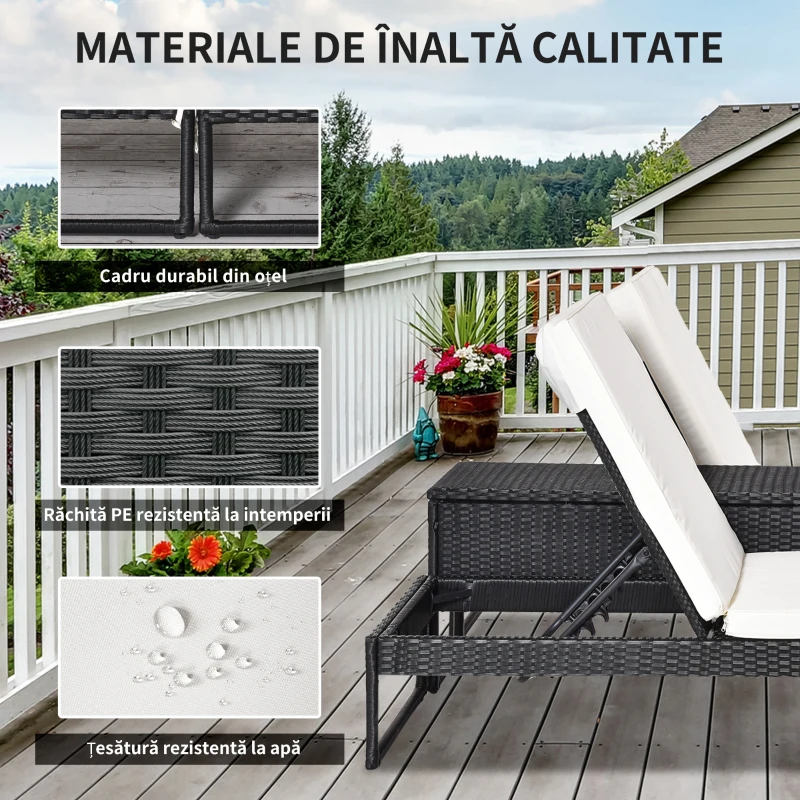 Outsunny set 2 sezlonguri cu masa din ratan PE, negru