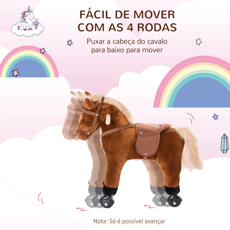 HOMCOM Cavalo para Crianças acima de 36 Meses com Rodas Sons de Relincho e Pedais Carga 60 kg 55x23x60 cm Marrom