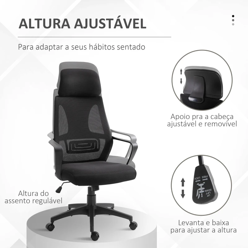 Vinsetto Cadeira de escritório ergonômica Cadeira de mesa inclinável ajustável em altura com encosto de braço Encosto de cabeça 5 rodas Suporta até 120 kg 64x58x116-126 cm Preto