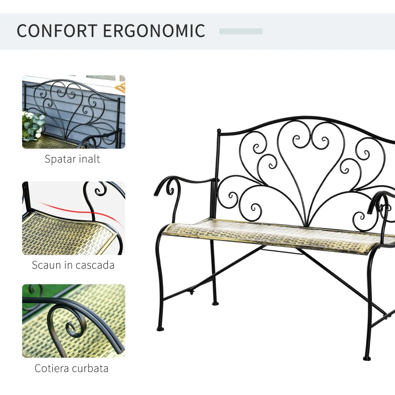 Outsunny Banca pentru Gradina din Fier Stil Vintage 2 Locuri Negru