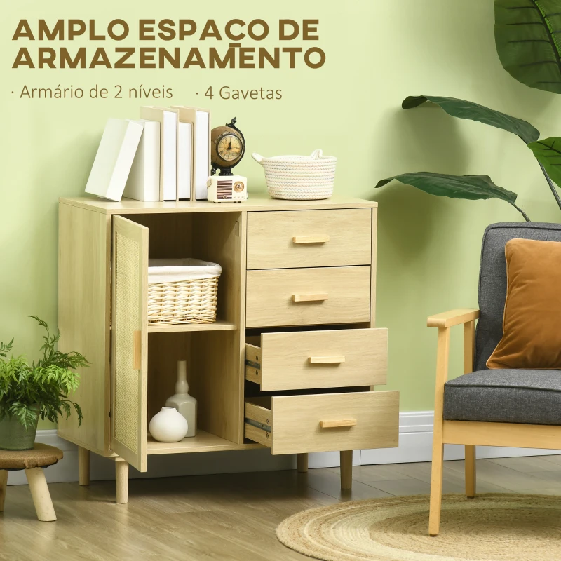 HOMCOM Aparador Sala de Estar Estilo Cannage com Porta de Vime 4 Gavetas e Pés de Madeira de Pinho 80x38x80,5 cm Madeira