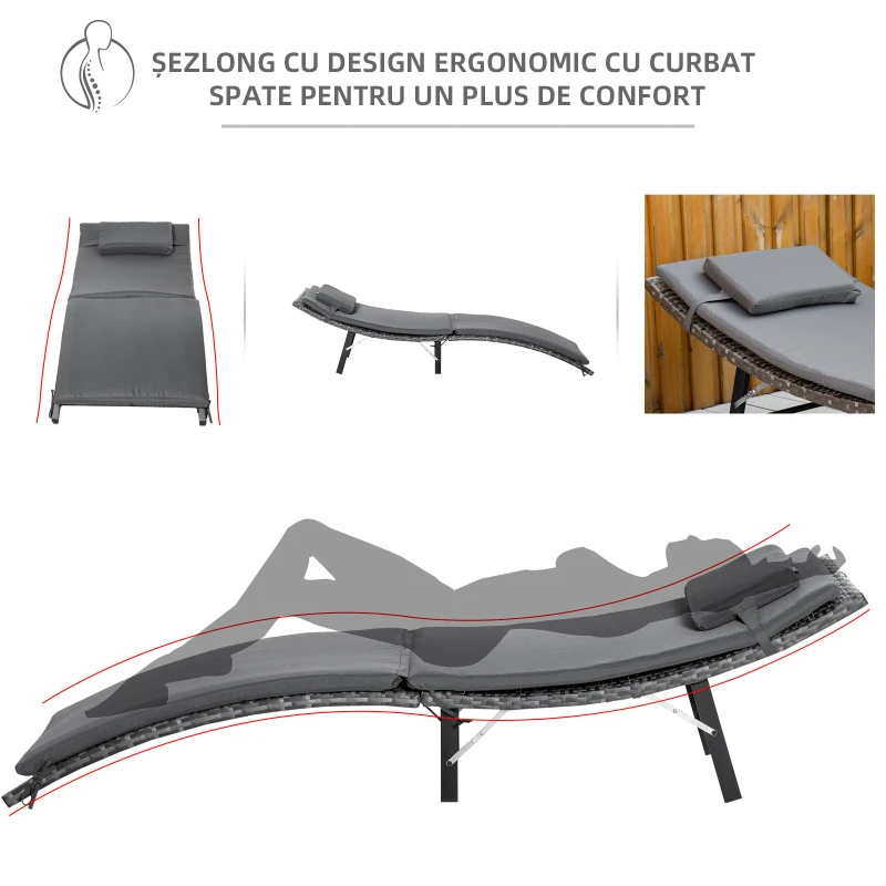 Outsunny Set de 2 Sezlonguri Pliabile, Sezlong de Gradina din Ratan cu Perne Detasabile Lavabile si Masa Pliabila, Gri