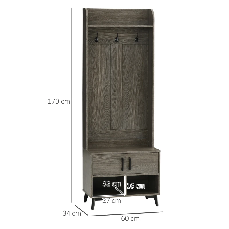HOMCOM Móvel Cabide de Entrada com Sapateiro 3 Ganchos 2 Portas 2 Compartimentos e Prateleira de Armazenamento 60x34x170 cm Cinza
