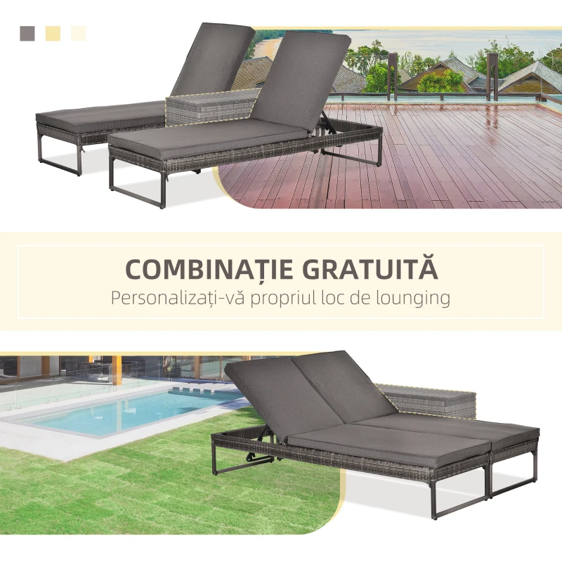 Outsunny Set 2 Sezlonguri cu Masuta din PE Rattan Gri