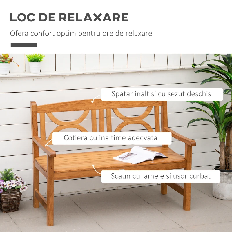 Outsunny Banca din lemn cu 2 locuri pentru gradina Bancuta de exterior pentru curte, peluza, veranda, Natural