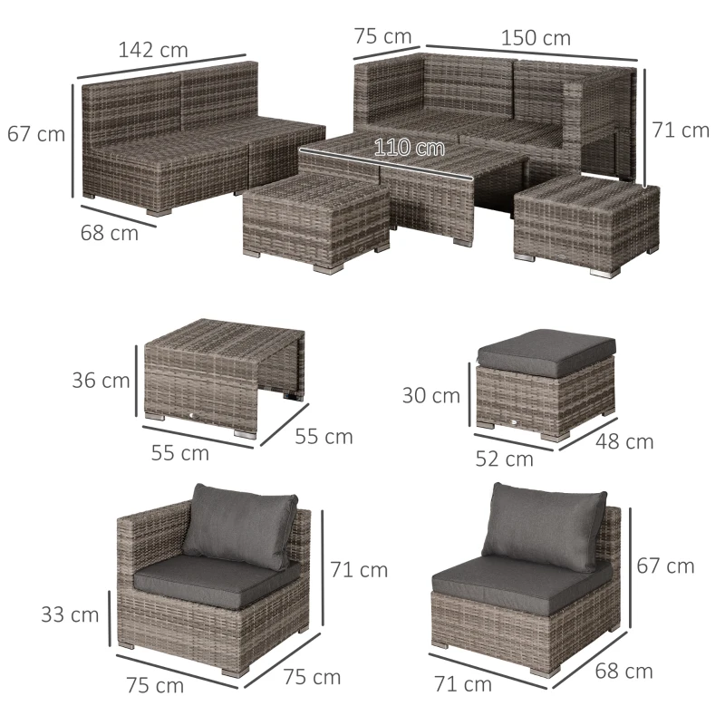 Outsunny Set Mobilier Gradina 8 Piese, Canapea cu Masuta de Cafea din Ratan PE si Structura de Aluminiu, 75x75x71 cm, Gri