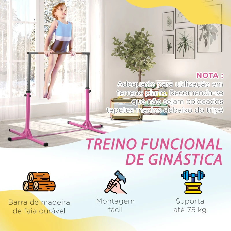 HOMCOM Barra de Ginástica para Crianças com Altura Ajustável 92-150 cm Barra Horizontal de Ginástica 197x121x150 cm Rosa