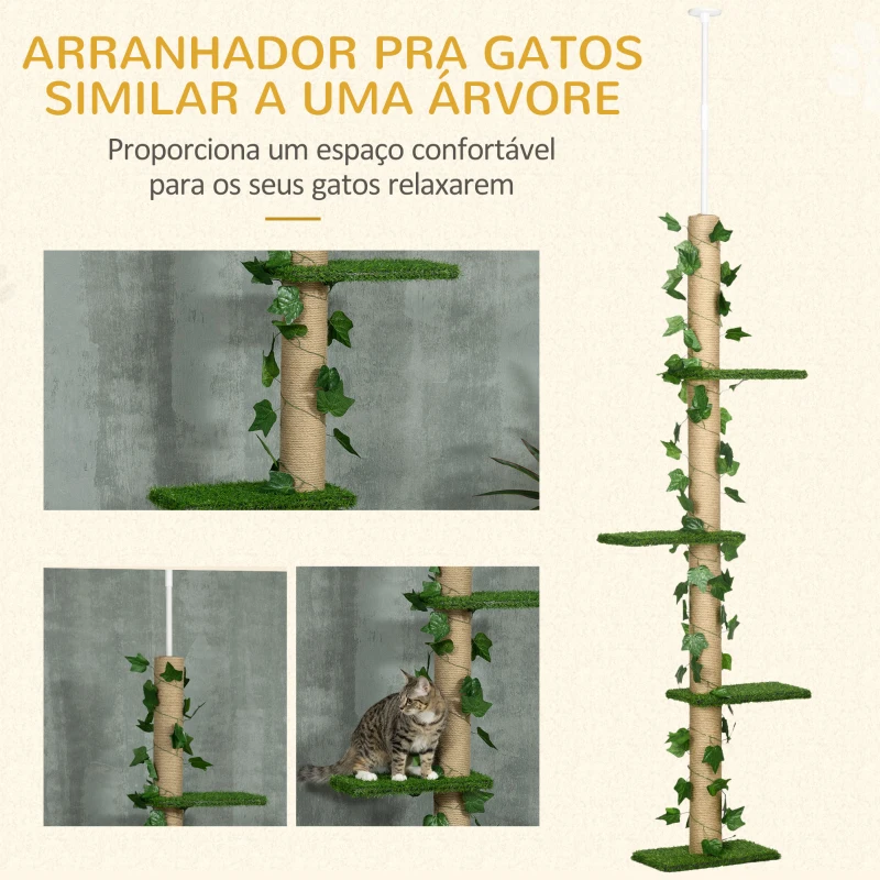 PawHut Árvore para Gatos do Chão ao Teto 37x21x202-242 cm com 4 Plataformas de Relva Artificial Folhas Artificiais e Poste de Juta Verde