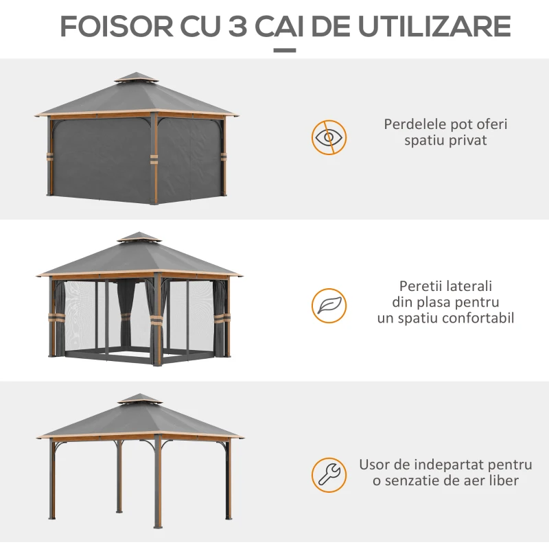 Outsunny Foisor de 3 x 4m, Foisor de exterior, Adapost pentru Baldachin cu plasa si perdele, Acoperis ventilat, Coloana din aluminiu cu granulatie lemnoasa pentru gradina, gazon, curte si punte