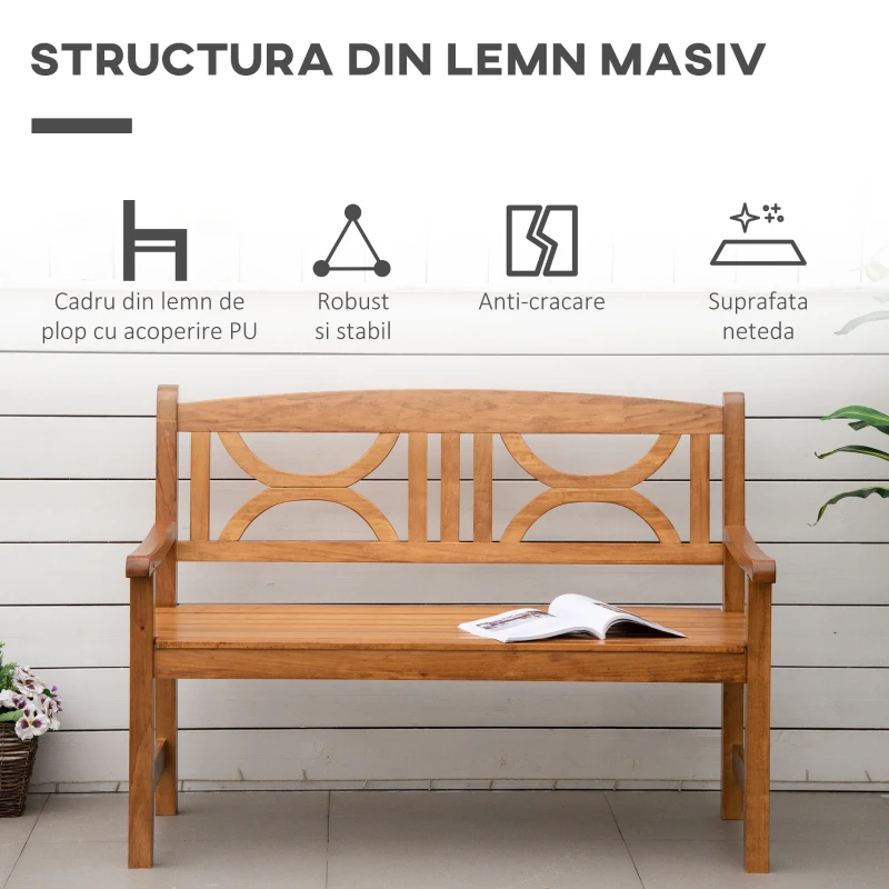 Outsunny Banca din lemn cu 2 locuri pentru gradina Bancuta de exterior pentru curte, peluza, veranda, Natural