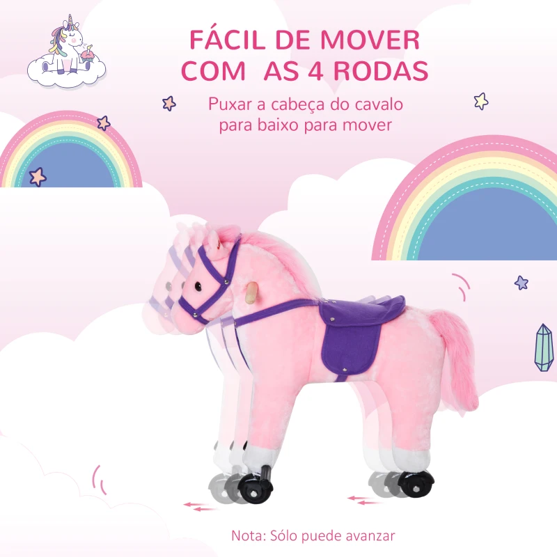 HOMCOM Cavalo para Crianças acima de 36 Meses com Rodas Sons de Relincho e Pedais Carga 60 kg 55x23x60 cm Rosa