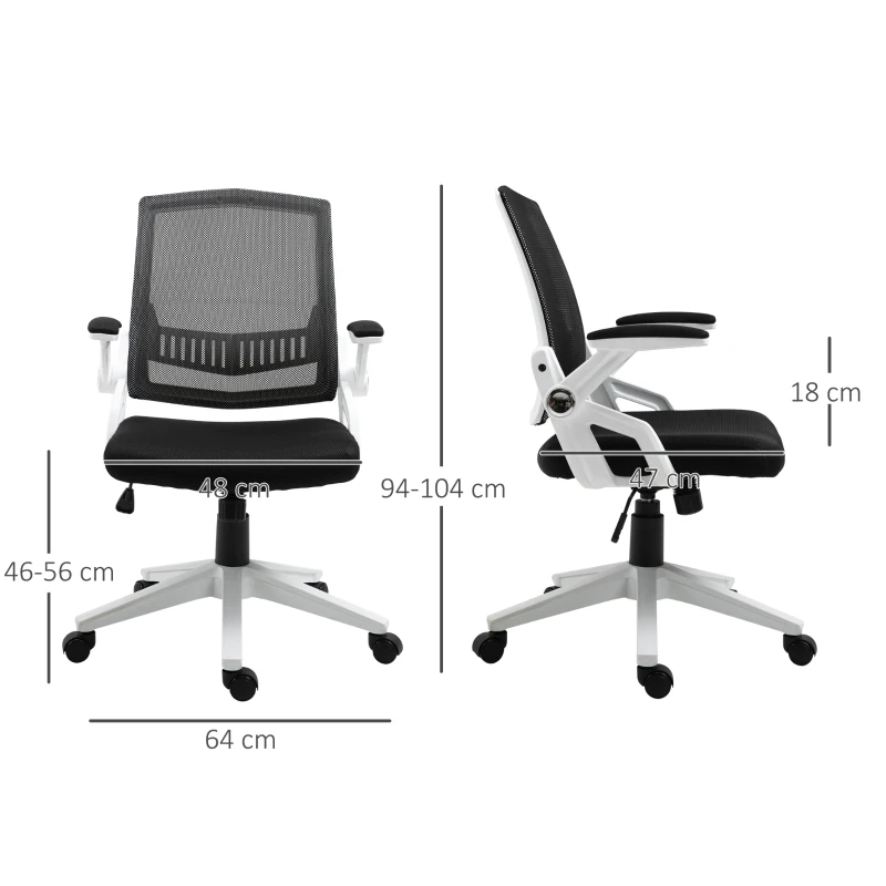 Vinsetto Cadeira de Escritório Ergonômica Basculante com Altura Ajustável Apoio para o Braço Dobrável Suporte Lombar e Malha Transpirável 61x61x94-104cm Preto