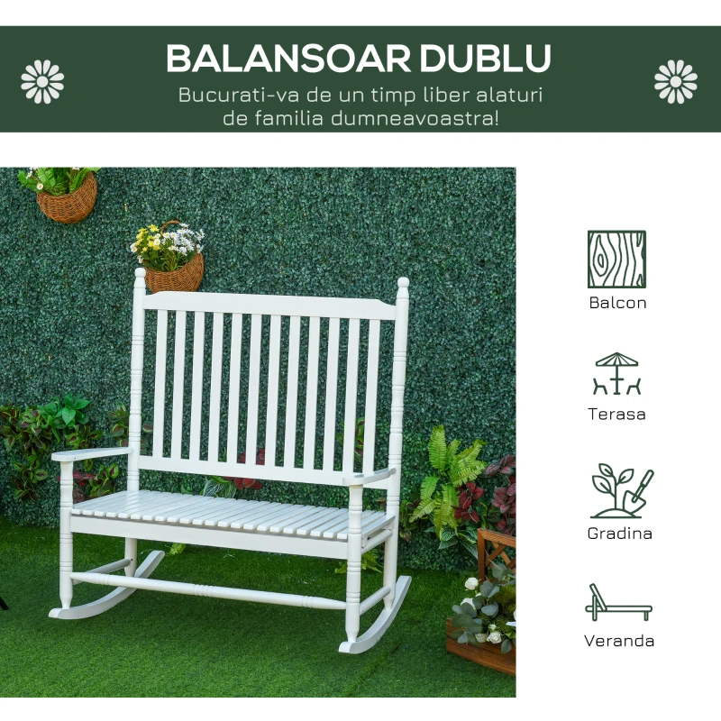Outsunny banca balansoar cu 2 locuri, lemn de plop, alb