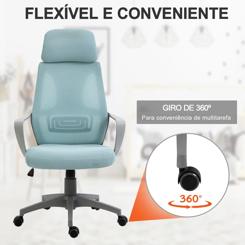 Vinsetto Cadeira de escritório ergonômica Cadeira de mesa inclinável ajustável em altura com encosto de braço Encosto de cabeça 5 rodas Suporta até 120 kg 64x58x116-126 cm Azul