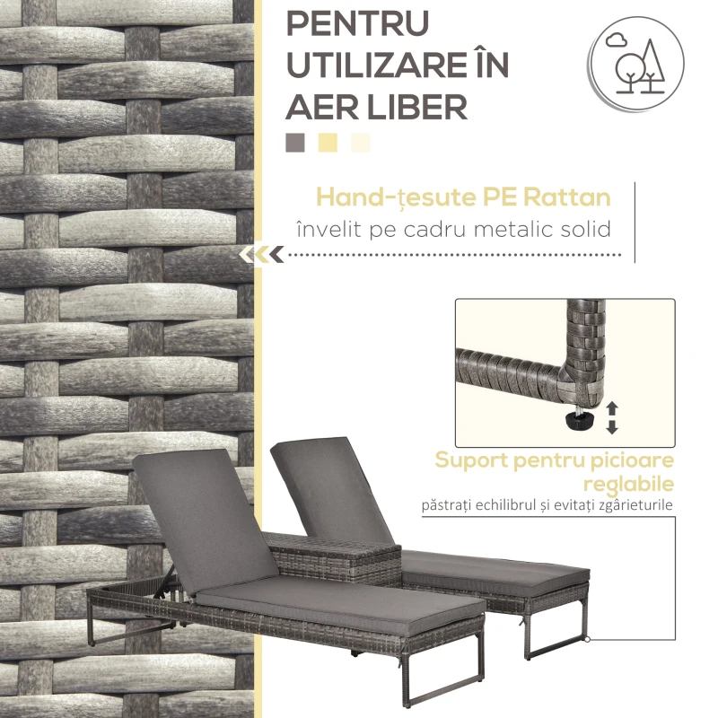 Outsunny Set 2 Sezlonguri cu Masuta din PE Rattan Gri