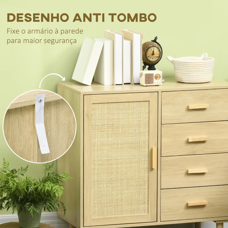 HOMCOM Aparador Sala de Estar Estilo Cannage com Porta de Vime 4 Gavetas e Pés de Madeira de Pinho 80x38x80,5 cm Madeira
