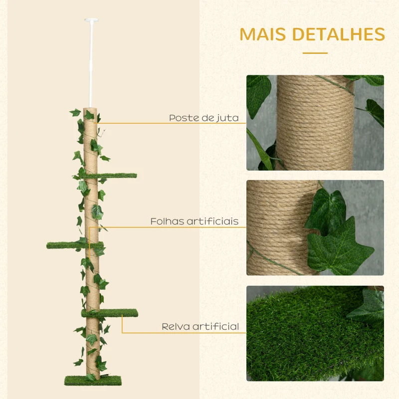 PawHut Árvore para Gatos do Chão ao Teto 37x21x202-242 cm com 4 Plataformas de Relva Artificial Folhas Artificiais e Poste de Juta Verde