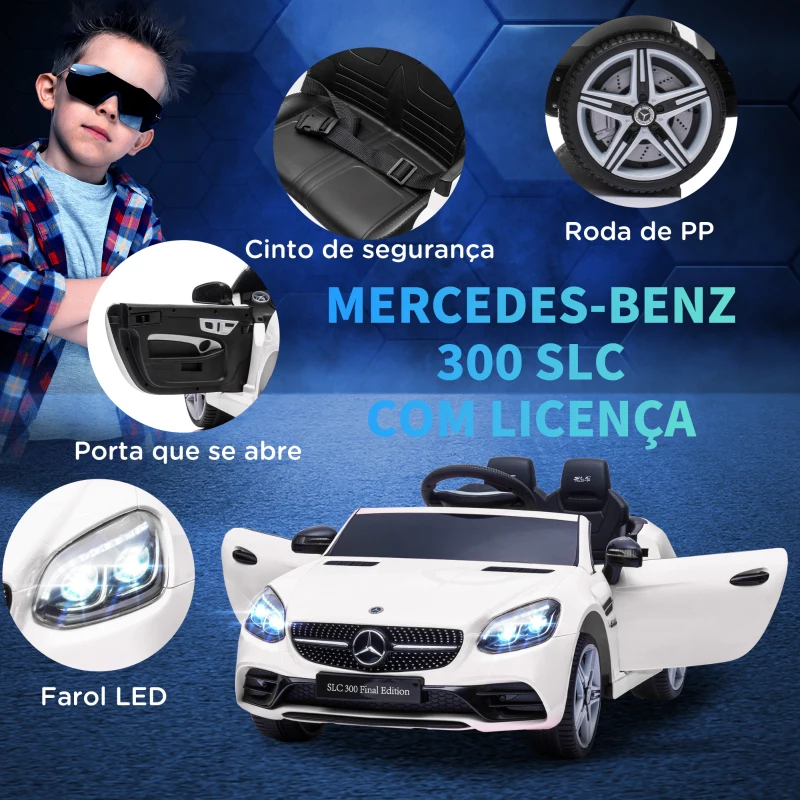 AIYAPLAY Carro Elétrico Mercedes SLC 300 12V com Faróis LED Buzina Música TF USB e Abertura da Porta 3-5km/h 107x62,5x44 cm Branco