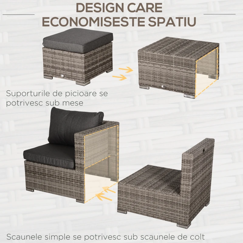 Outsunny Set Mobilier Gradina 8 Piese, Canapea cu Masuta de Cafea din Ratan PE si Structura de Aluminiu, 75x75x71 cm, Gri