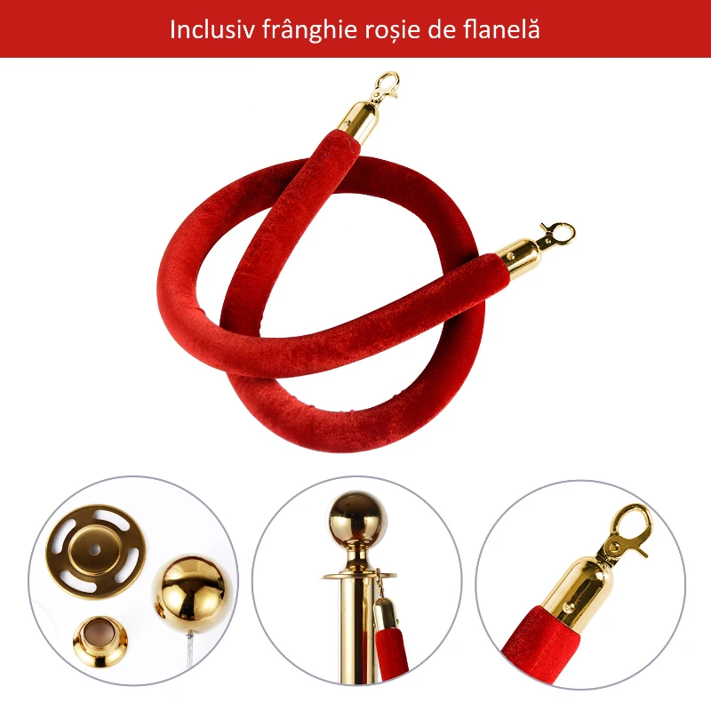 Homcom Coloane Separatoare – Otel Inox Auriu cu Franghie Rosie