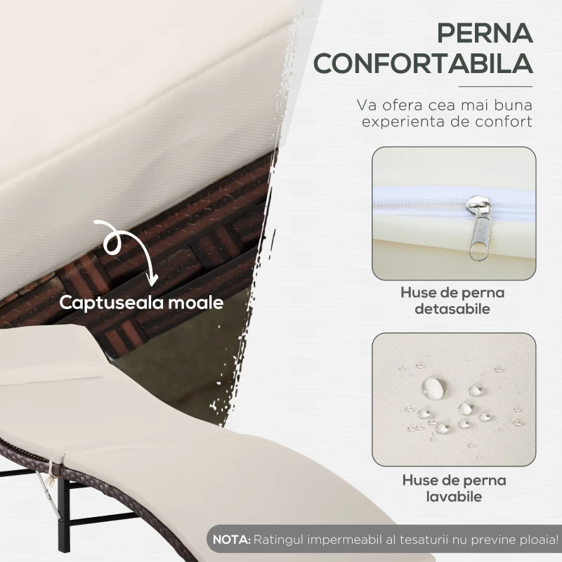 Outsunny Set 2 Sezlonguri Scaun si Masuta in PE Rattan cu Perne Detasabile, Maro Crem