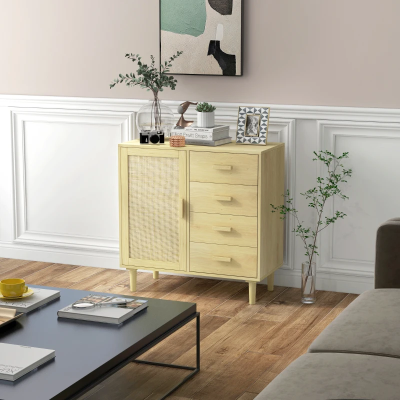 HOMCOM Aparador Sala de Estar Estilo Cannage com Porta de Vime 4 Gavetas e Pés de Madeira de Pinho 80x38x80,5 cm Madeira