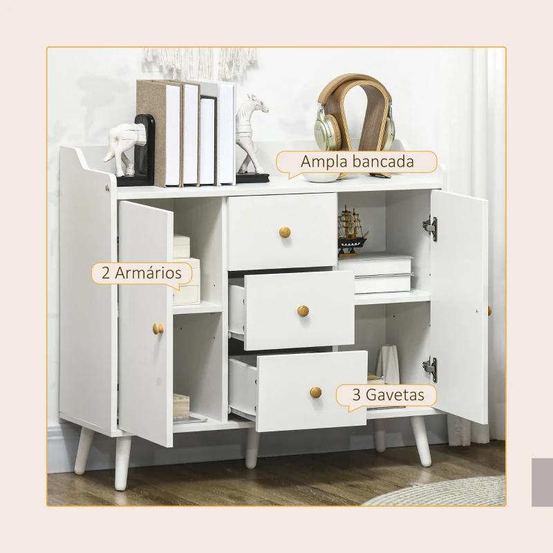 HOMCOM Aparador Sala de Estar Moderno com 2 Portas 3 Gavetas e Pés de Madeira de Pinho 90x32x80 cm Branco