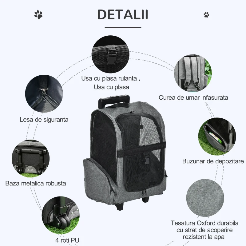 PawHut Rucsac pentru Transport de Caini si Pisici cu Buzunare, Maner Telescopic si Roti