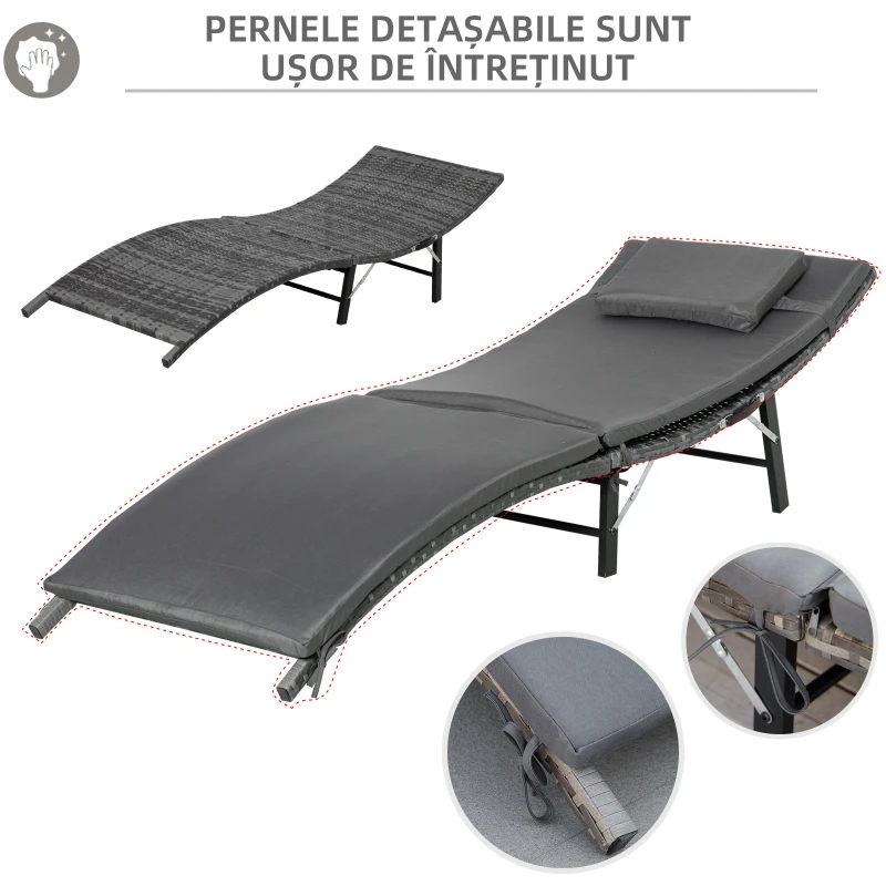 Outsunny Set de 2 Sezlonguri Pliabile, Sezlong de Gradina din Ratan cu Perne Detasabile Lavabile si Masa Pliabila, Gri