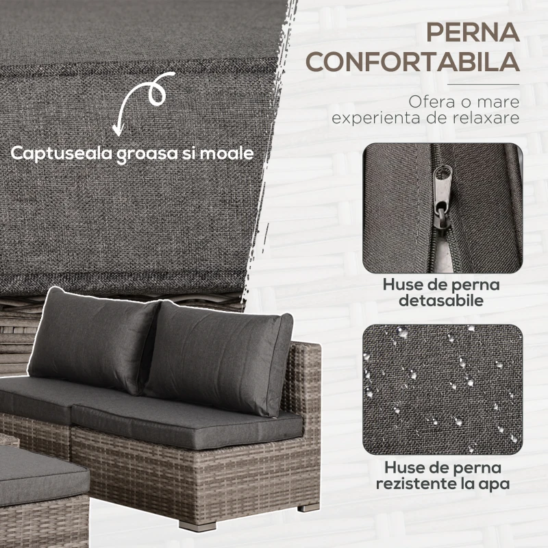 Outsunny Set Mobilier Gradina 8 Piese, Canapea cu Masuta de Cafea din Ratan PE si Structura de Aluminiu, 75x75x71 cm, Gri