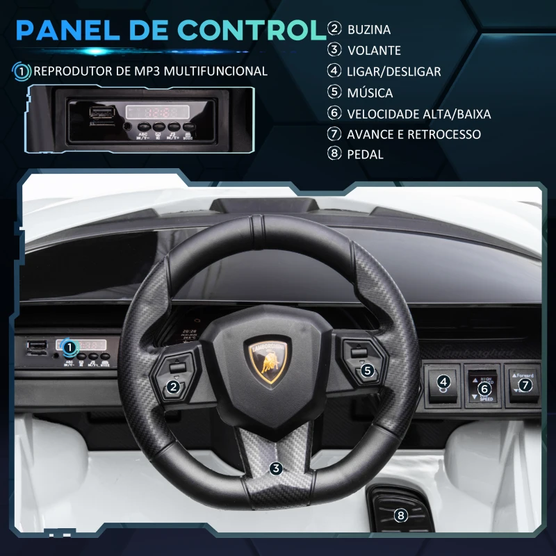 HOMCOM Carro Elétrico Lamborghini SIAN 12V com Controle Remoto Abertura da Porta Música MP3 USB e Faróis 108x62x40 cm Branco