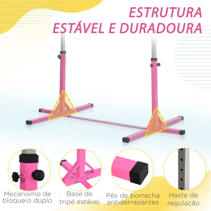 HOMCOM Barra de Ginástica para Crianças com Altura Ajustável 92-150 cm Barra Horizontal de Ginástica 197x121x150 cm Rosa