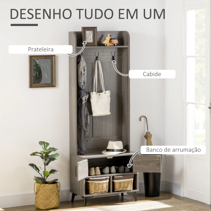 HOMCOM Móvel Cabide de Entrada com Sapateiro 3 Ganchos 2 Portas 2 Compartimentos e Prateleira de Armazenamento 60x34x170 cm Cinza