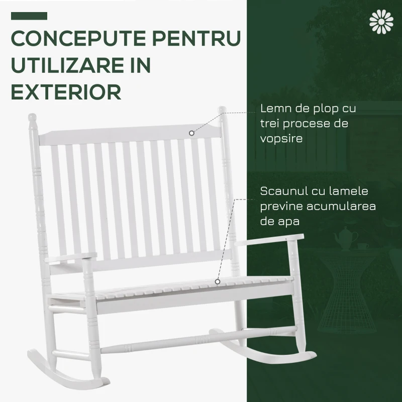 Outsunny banca balansoar cu 2 locuri, lemn de plop, alb