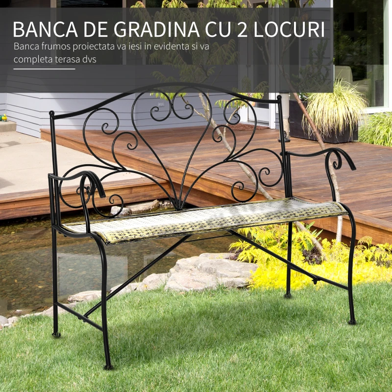 Outsunny Banca pentru Gradina din Fier Stil Vintage 2 Locuri Negru