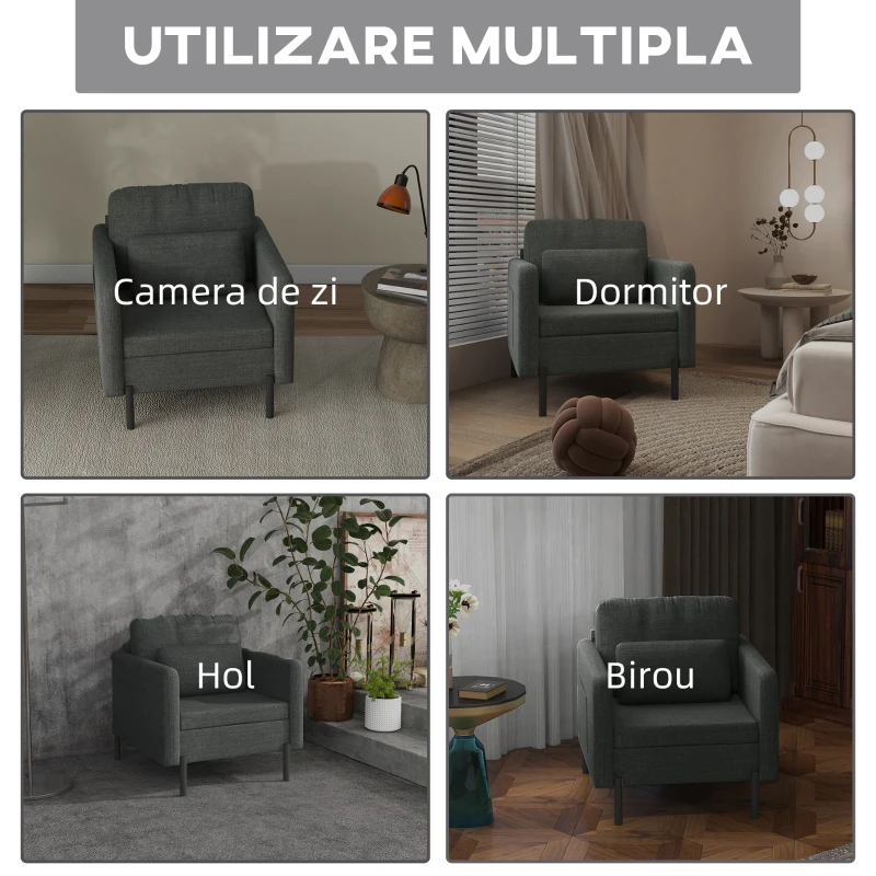 HOMCOM Fotoliu gri inchis din stofa cu captuseala groasa & buzunare laterale