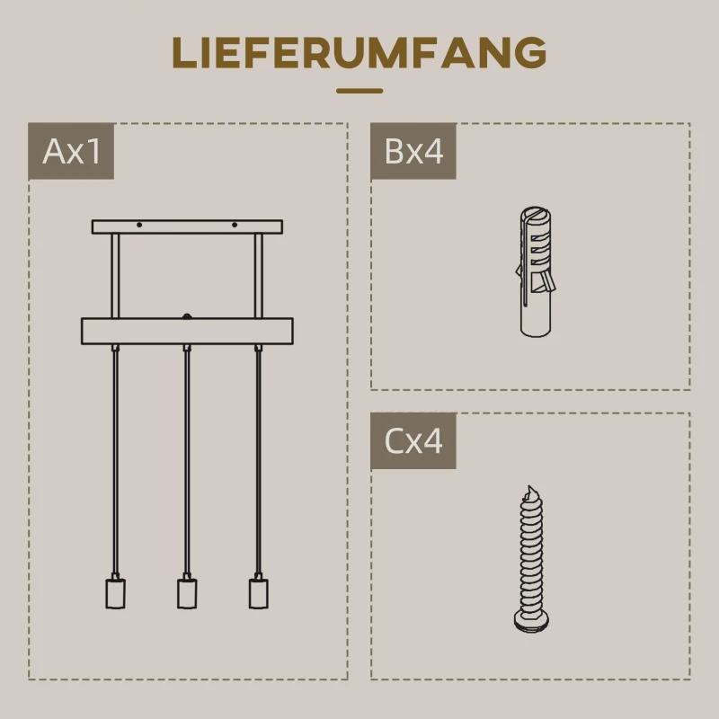 HOMCOM Hanglamp, 3-Lichtbronnen, Hoogteverstelbaar, Industrieel Design, Metaal+Hout, Zwart
