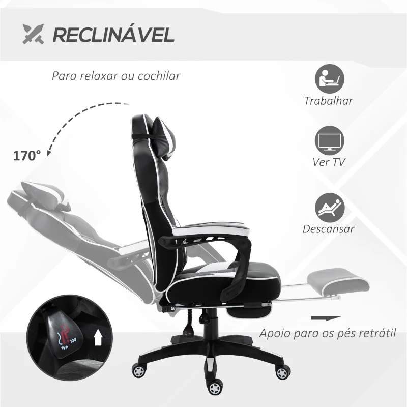 Vinsetto Cadeira de escritorio gaming ergonômica Altura ajustável Reclinável Encosto com apoio para pés 65x70x118,5-126,5 cm Branco e Preto