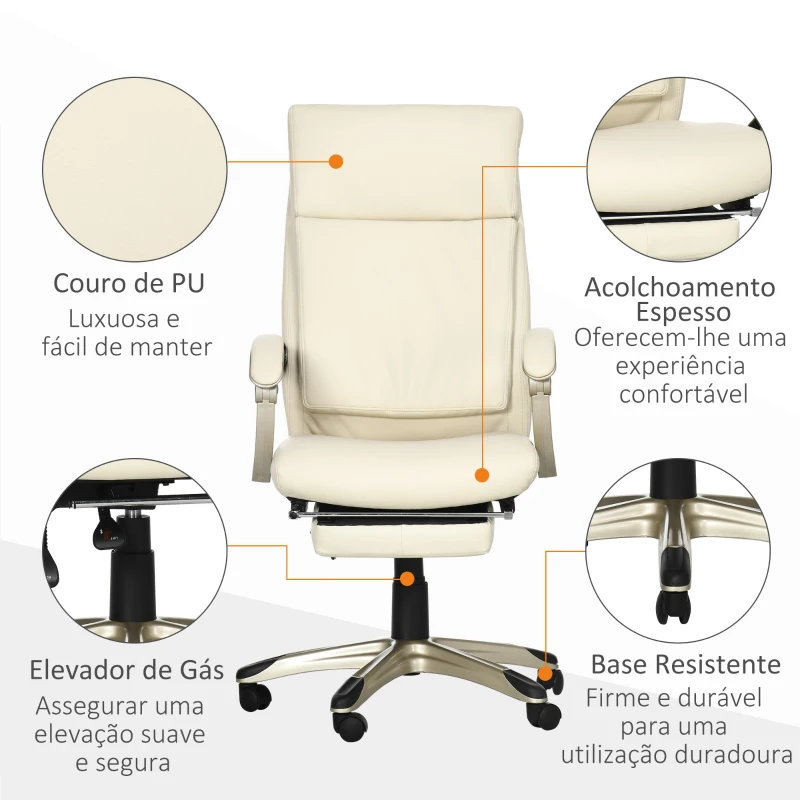 Vinsetto Cadeira de Escritório Reclinável Estofada em PU com Altura Ajustável e Apoio para os Pés Retrátil 60,5x67x111-121cm Branco